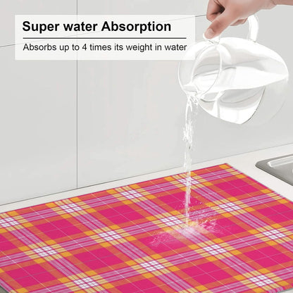 Dish Drying Mat Kitchen Counter Absorbent Pink And Orange Tartan Plaid Coffee Sink Mat Dish Drainer Pad 18 Inch X 24 Inch