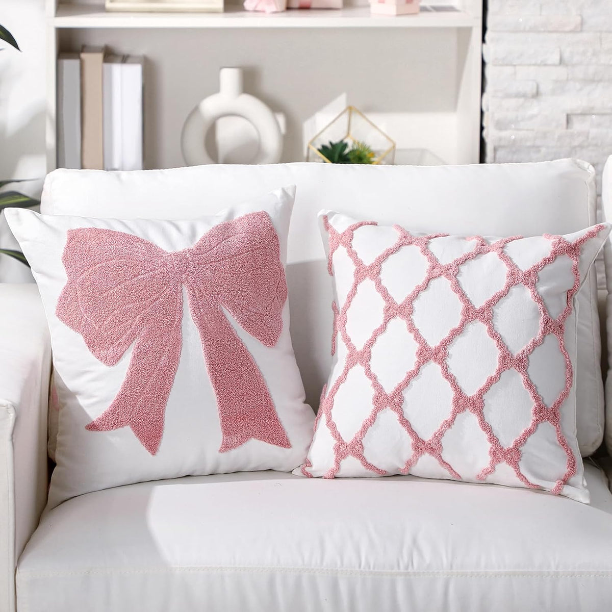 Cinnvoice 2 Pcs Pink Bow Embroidered Pillow Covers 18x18 Inch