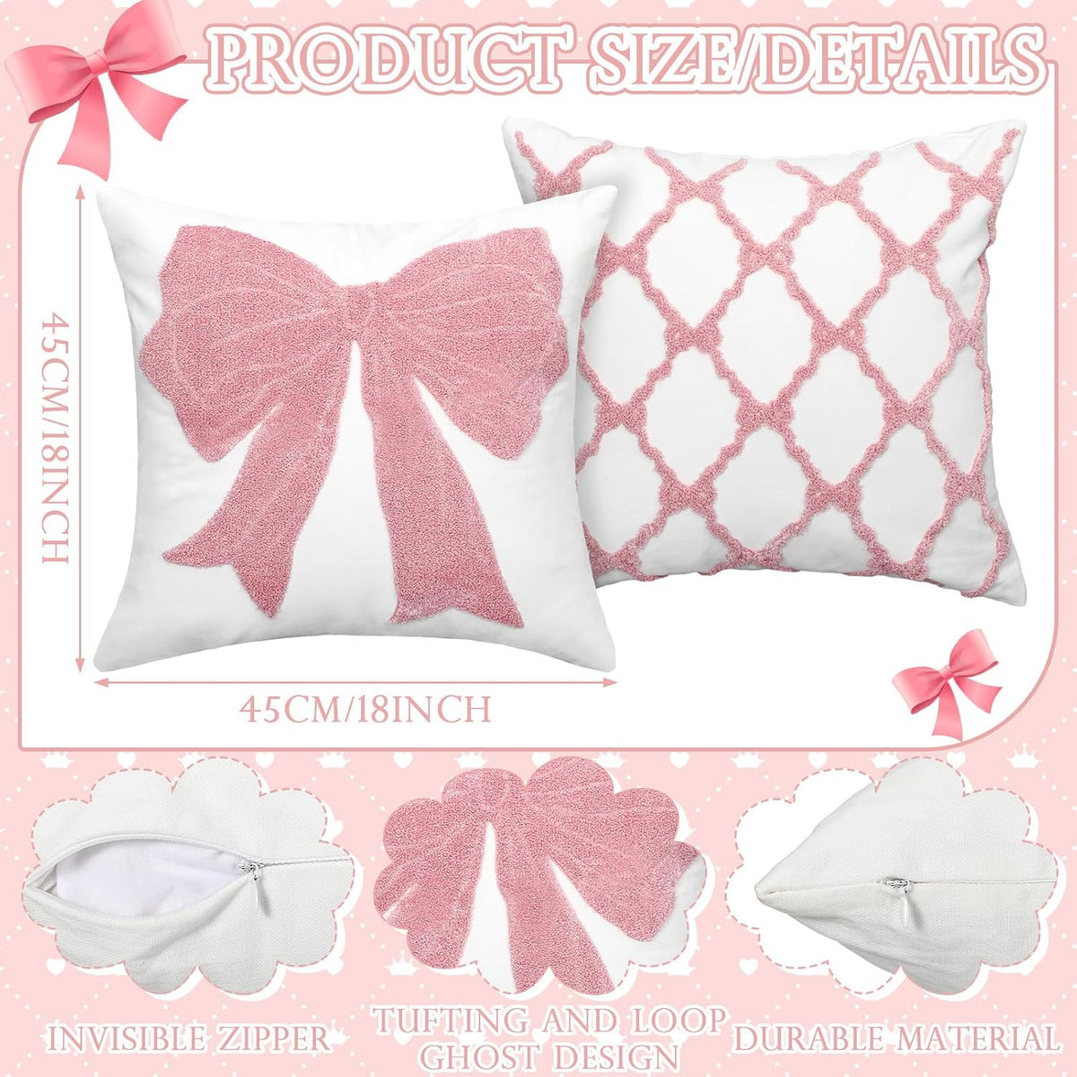 Cinnvoice 2 Pcs Pink Bow Embroidered Pillow Covers 18x18 Inch