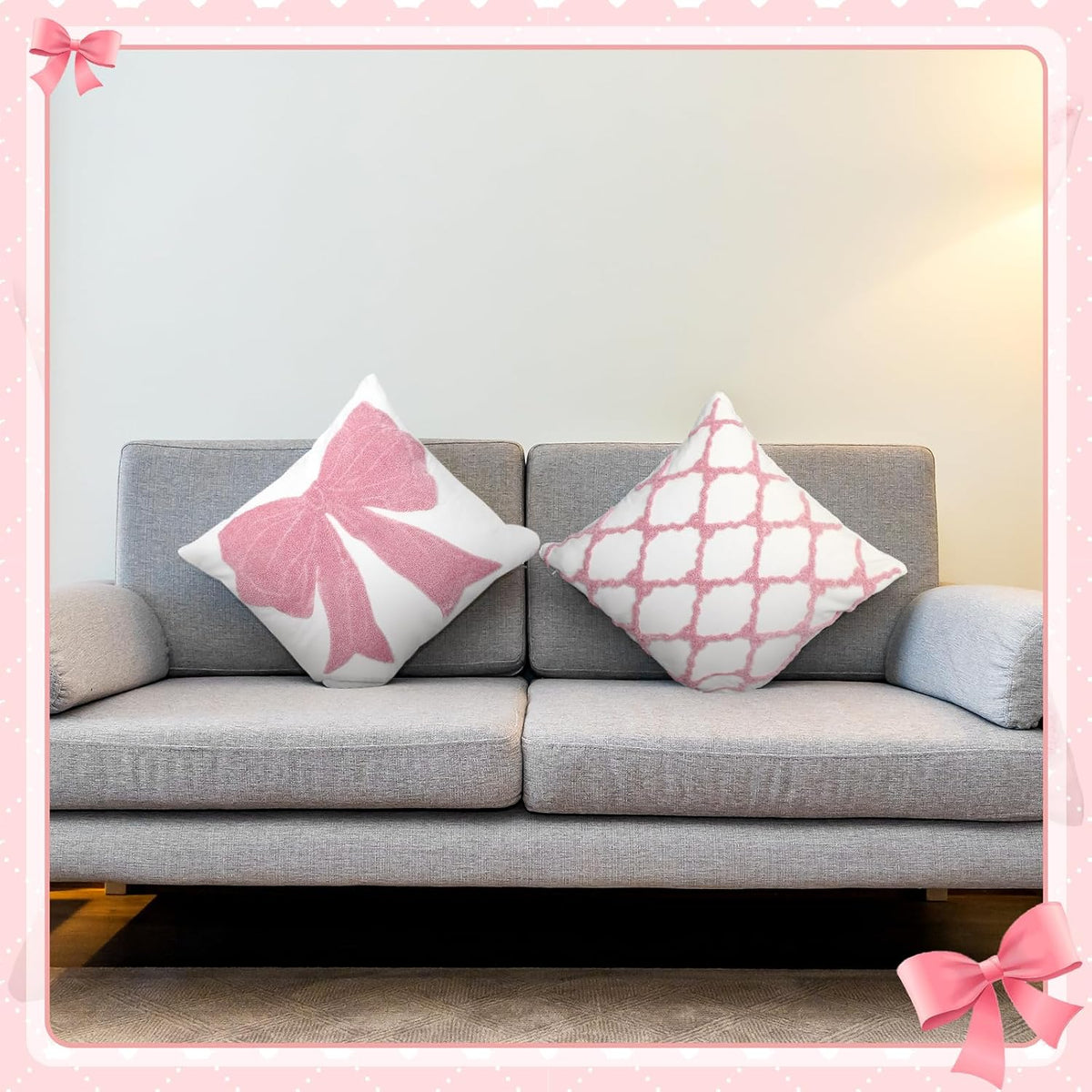 Cinnvoice 2 Pcs Pink Bow Embroidered Pillow Covers 18x18 Inch
