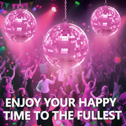 12/16/20 Inch Mirror Disco Ball - Hanging Glass Reflective Ball for Parties, Weddings & Home Decor (Golden/Pink, with Hanging Ring) (Pink 16in)