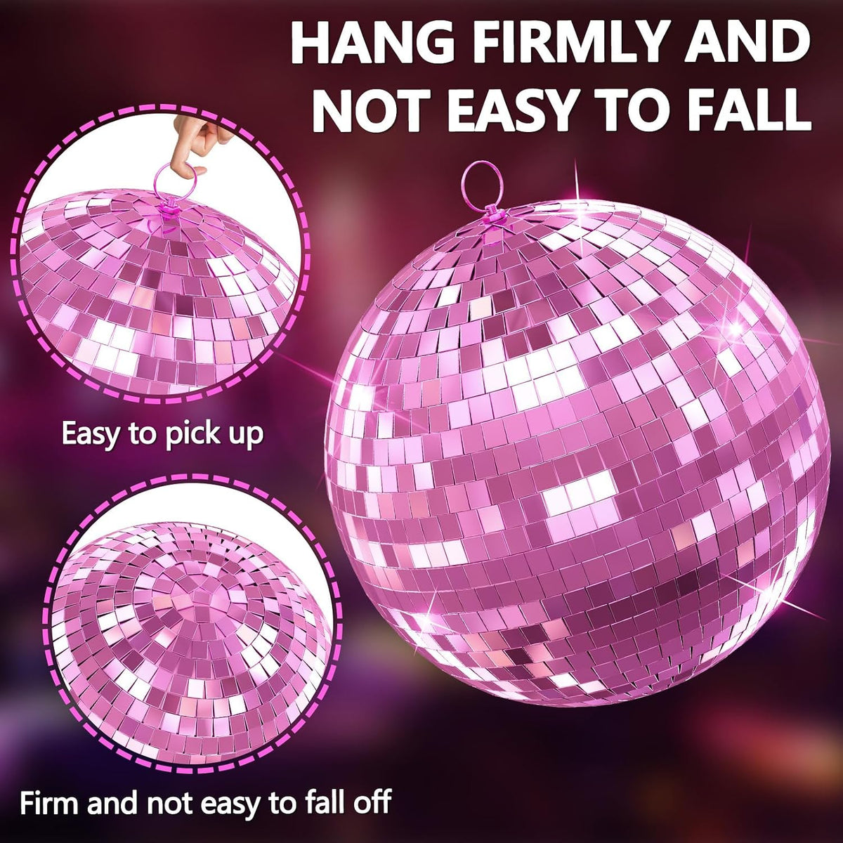 12/16/20 Inch Mirror Disco Ball - Hanging Glass Reflective Ball for Parties, Weddings & Home Decor (Golden/Pink, with Hanging Ring) (Pink 16in)
