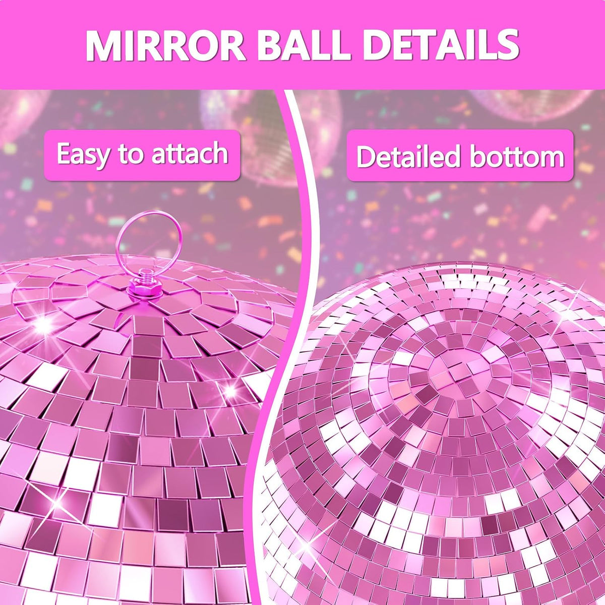 12/16/20 Inch Mirror Disco Ball - Hanging Glass Reflective Ball for Parties, Weddings & Home Decor (Golden/Pink, with Hanging Ring) (Pink 16in)