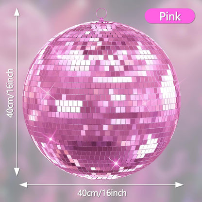 12/16/20 Inch Mirror Disco Ball - Hanging Glass Reflective Ball for Parties, Weddings & Home Decor (Golden/Pink, with Hanging Ring) (Pink 16in)