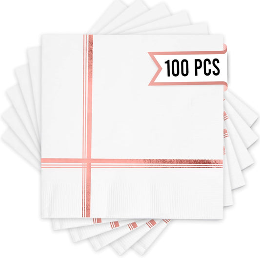 White and Rose Gold Napkins – Set of 100 Disposable 5x5 Inch Cocktail and Dessert Napkins with Gold Trim, Perfect for Wedding Parties and Events
