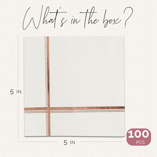 White and Rose Gold Napkins – Set of 100 Disposable 5x5 Inch Cocktail and Dessert Napkins with Gold Trim, Perfect for Wedding Parties and Events