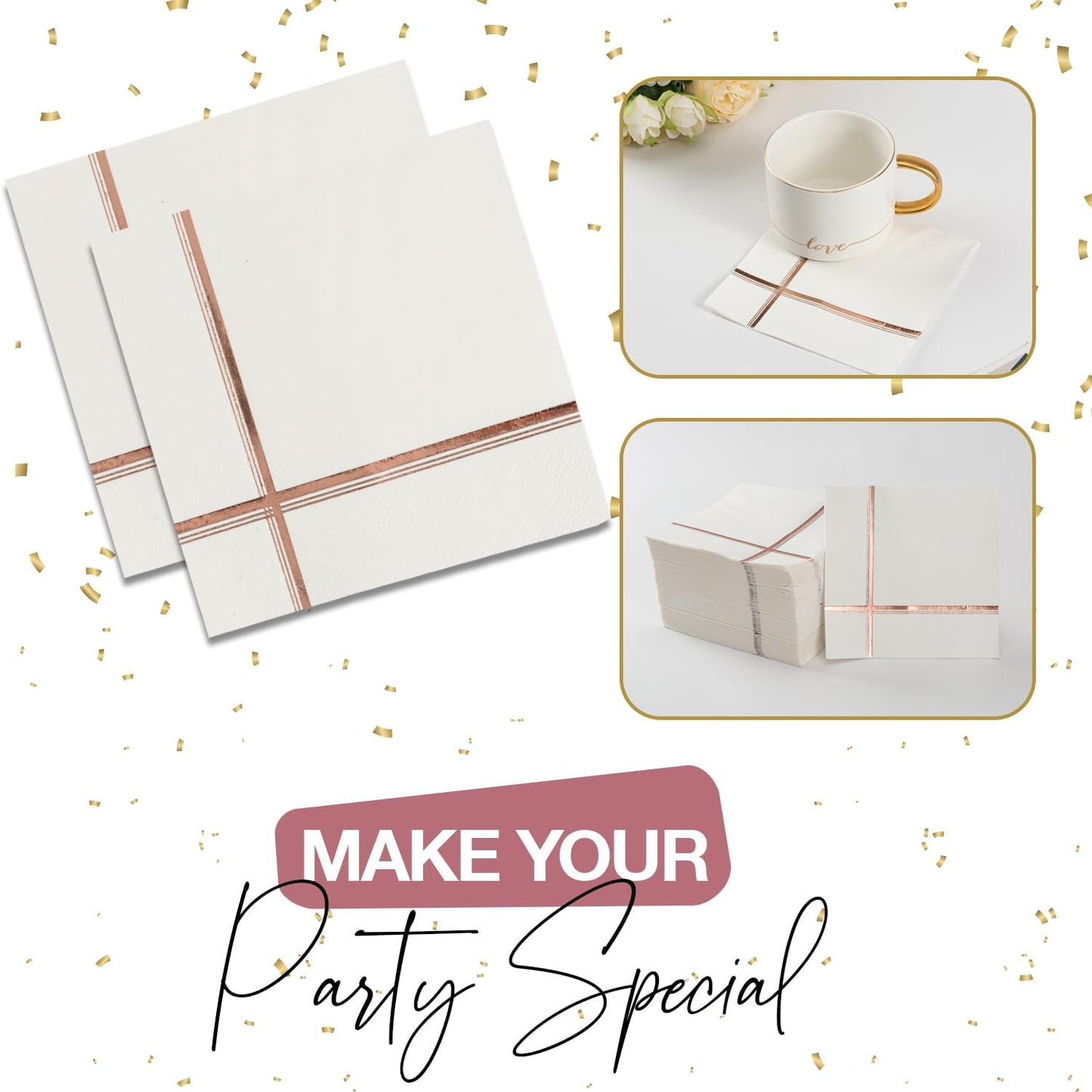 White and Rose Gold Napkins – Set of 100 Disposable 5x5 Inch Cocktail and Dessert Napkins with Gold Trim, Perfect for Wedding Parties and Events