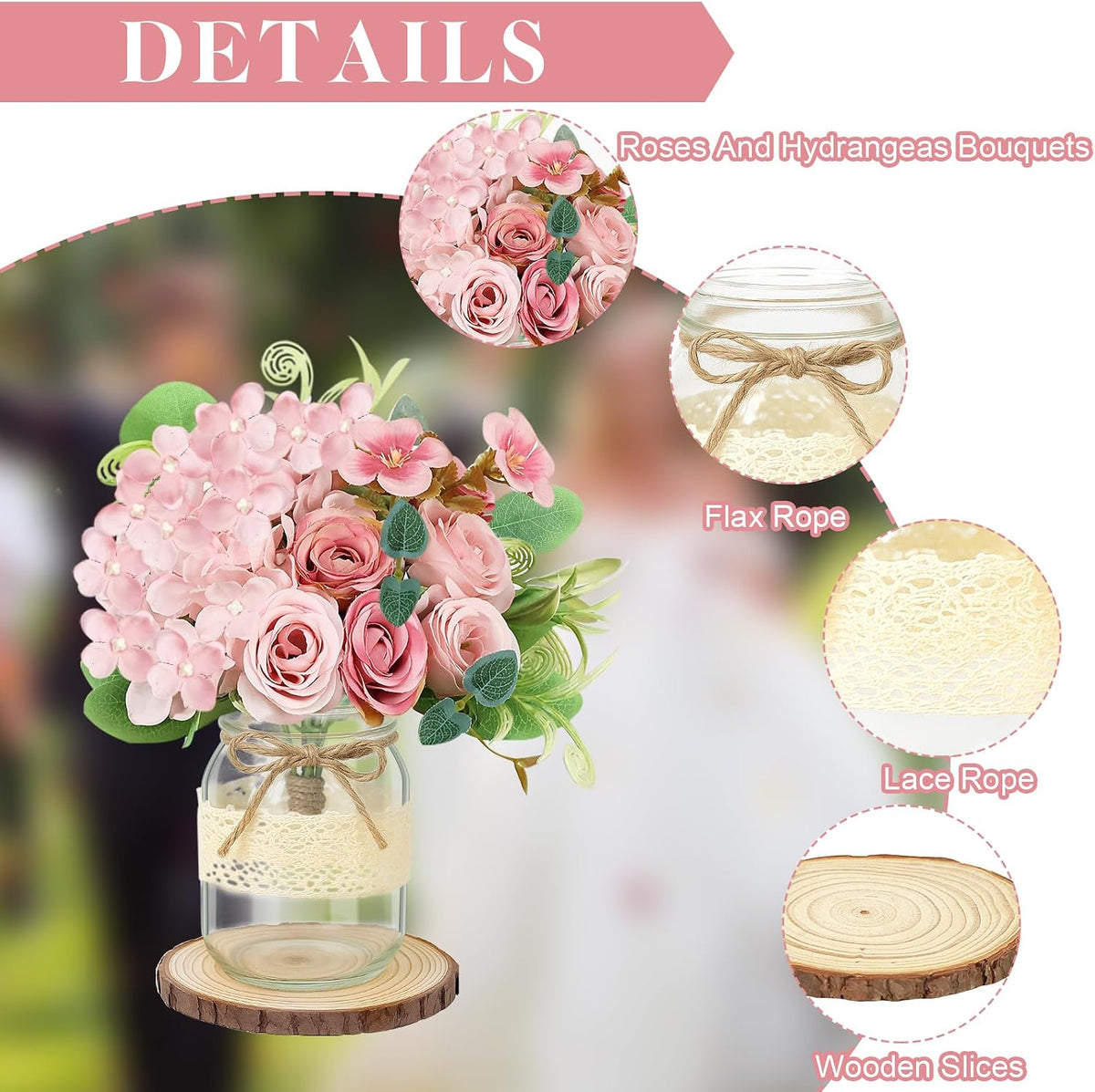 Set 6 Mason Jar Table Centerpiece - Wedding Centerpieces for Tables, Mason Jar Flower Centerpiece Vases Decor- Boho Farmhouse Rustic for Engagement, Bridal Shower, Wedding, Versatile Decor (Pink)