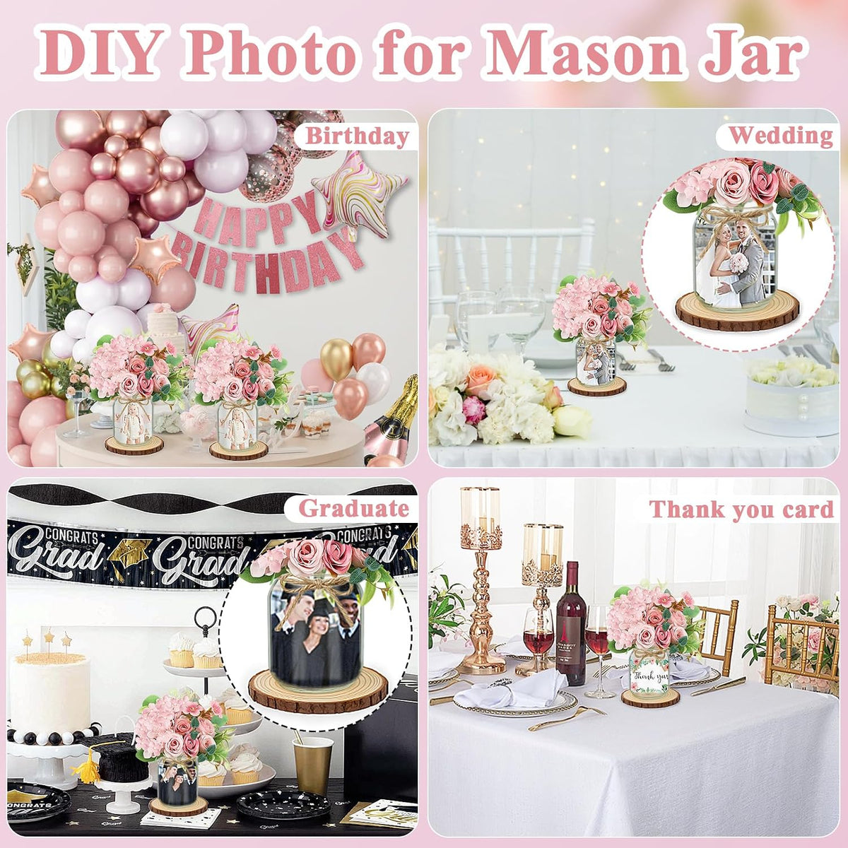 Set 6 Mason Jar Table Centerpiece - Wedding Centerpieces for Tables, Mason Jar Flower Centerpiece Vases Decor- Boho Farmhouse Rustic for Engagement, Bridal Shower, Wedding, Versatile Decor (Pink)