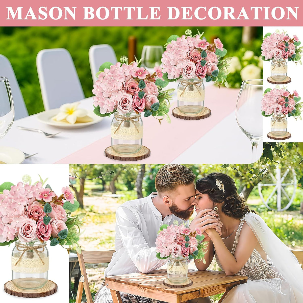 Set 6 Mason Jar Table Centerpiece - Wedding Centerpieces for Tables, Mason Jar Flower Centerpiece Vases Decor- Boho Farmhouse Rustic for Engagement, Bridal Shower, Wedding, Versatile Decor (Pink)