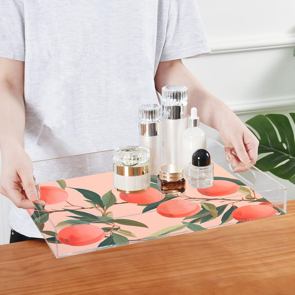 Plastic Food Serving Tray Decorative Vanity Trays for Bathroom Peach Pink Coffee Table Kitchen Counter 11.8 * 15.7in