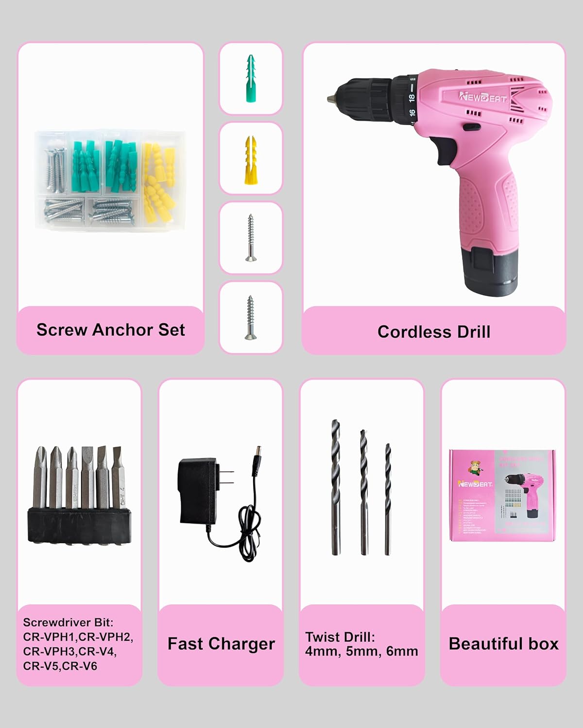 12V Cordless Drill Set with 2 Battery, Pink Drill for Women