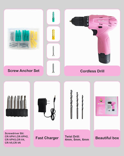 12V Cordless Drill Set with 2 Battery, Pink Drill for Women