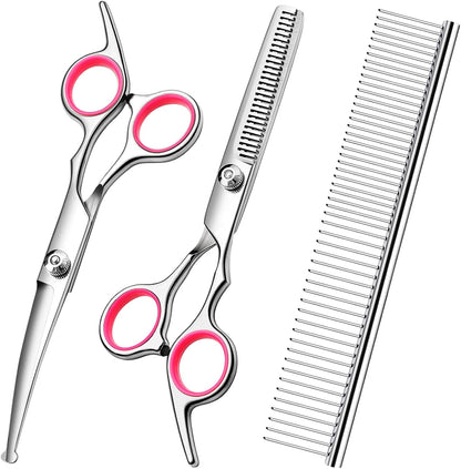 Dog Grooming Scissors Kit, Premium Stainless Steel Dog Shears with Curved Shears, Sharp Durable for Dogs Cats+Pink 3 Piece