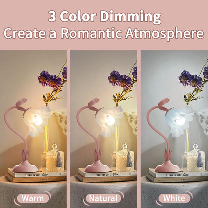 Women Bedside Table Lamps for Bedroom, Cute Flower Desk Lamp with Adjustable Flexible Gooseneck, 3 Color Temperatures Nightstand Lamp with E26 LED Bulbs, Floral Lamp for Living Room, Office,Reading
