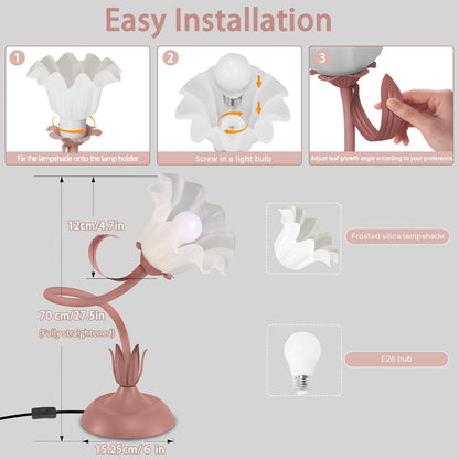 Women Bedside Table Lamps for Bedroom, Cute Flower Desk Lamp with Adjustable Flexible Gooseneck, 3 Color Temperatures Nightstand Lamp with E26 LED Bulbs, Floral Lamp for Living Room, Office,Reading