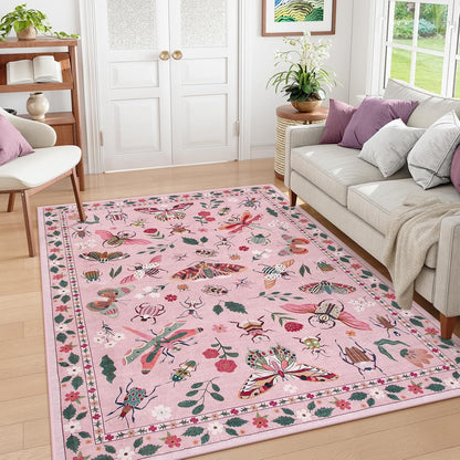 Insect Washable Rugs 5x7, Soft Pink Rugs for Bedroom Girls Nursery