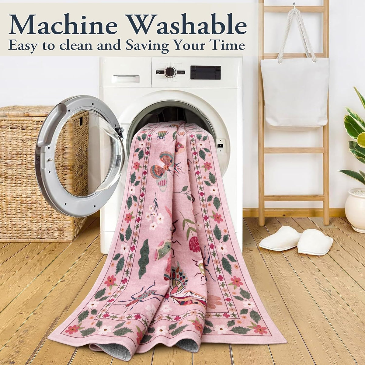 Insect Washable Rugs 5x7, Soft Pink Rugs for Bedroom Girls Nursery