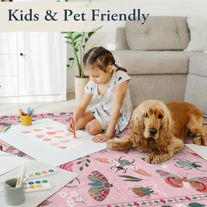 Insect Washable Rugs 5x7, Soft Pink Rugs for Bedroom Girls Nursery