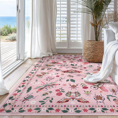 Insect Washable Rugs 5x7, Soft Pink Rugs for Bedroom Girls Nursery