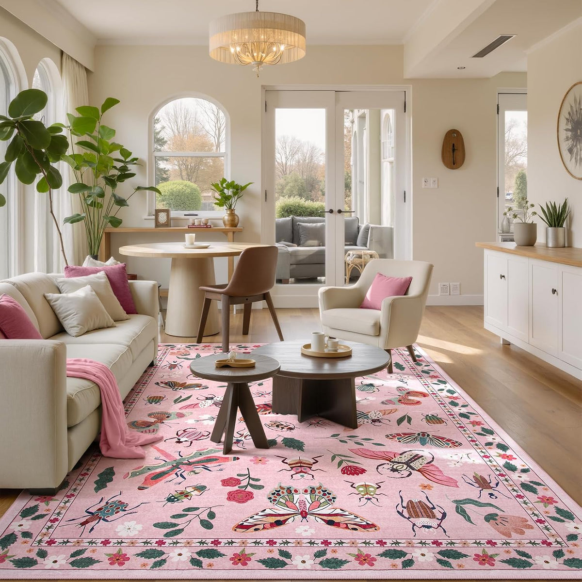 Insect Washable Rugs 5x7, Soft Pink Rugs for Bedroom Girls Nursery
