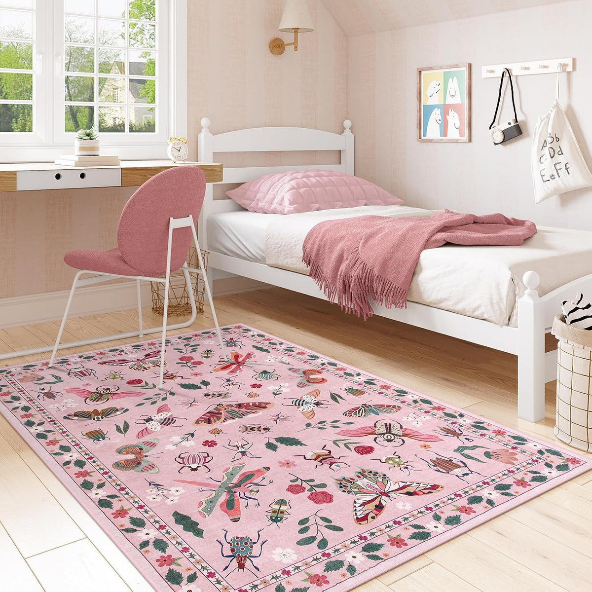 Insect Washable Rugs 5x7, Soft Pink Rugs for Bedroom Girls Nursery