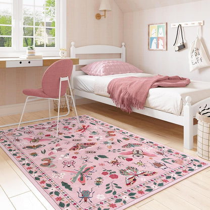 Insect Washable Rugs 5x7, Soft Pink Rugs for Bedroom Girls Nursery