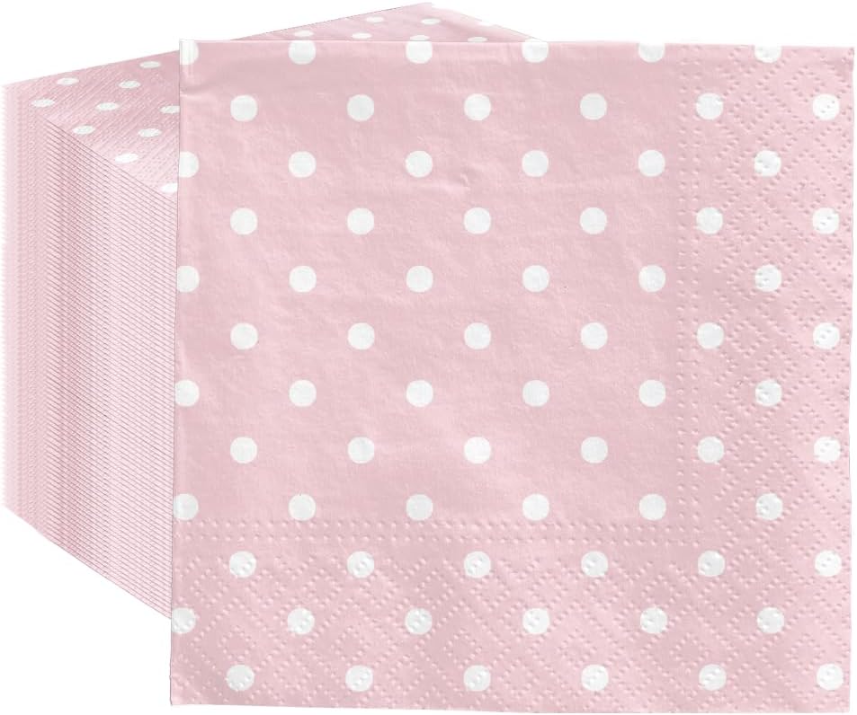100 Pack Cocktail Napkins Paper 5'' x 5'' Beverage Napkins - Dots Baby Pink