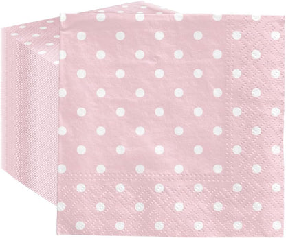 100 Pack Cocktail Napkins Paper 5'' x 5'' Beverage Napkins - Dots Baby Pink