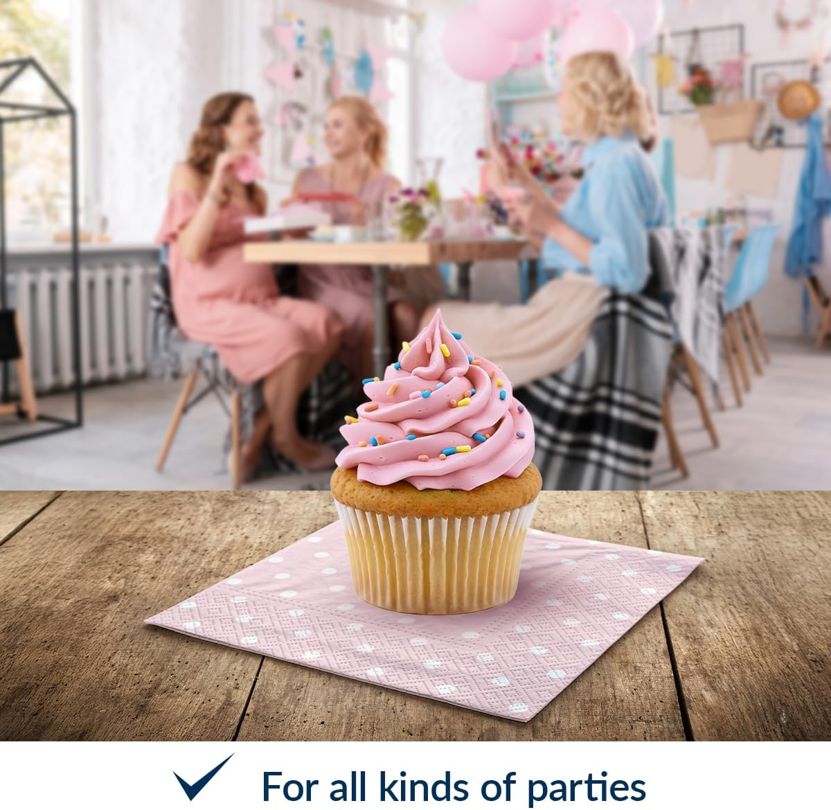 100 Pack Cocktail Napkins Paper 5'' x 5'' Beverage Napkins - Dots Baby Pink