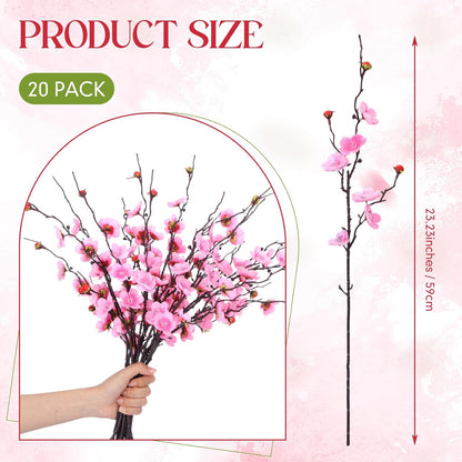 20 Pcs Artificial Cherry Blossom Flowers Pink Faux Cherry Blossom Stems Silk Simulation Plum Bouquet Branches 23.2'' Fake Flowers Long Stems for Vase Arrangements Home Wedding Table Decor