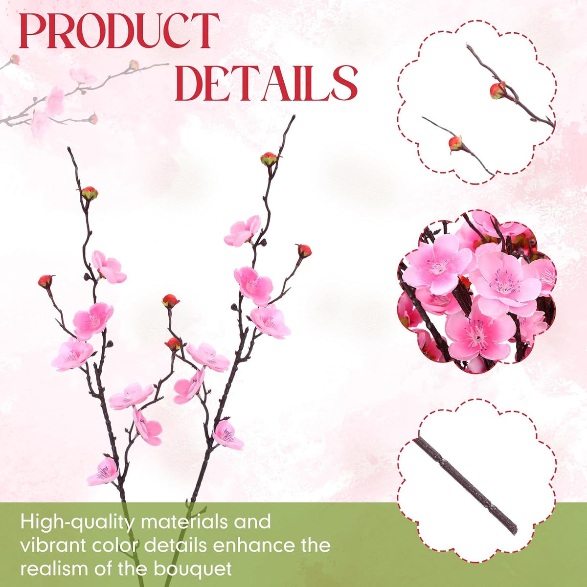 20 Pcs Artificial Cherry Blossom Flowers Pink Faux Cherry Blossom Stems Silk Simulation Plum Bouquet Branches 23.2'' Fake Flowers Long Stems for Vase Arrangements Home Wedding Table Decor