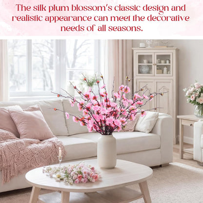20 Pcs Artificial Cherry Blossom Flowers Pink Faux Cherry Blossom Stems Silk Simulation Plum Bouquet Branches 23.2'' Fake Flowers Long Stems for Vase Arrangements Home Wedding Table Decor