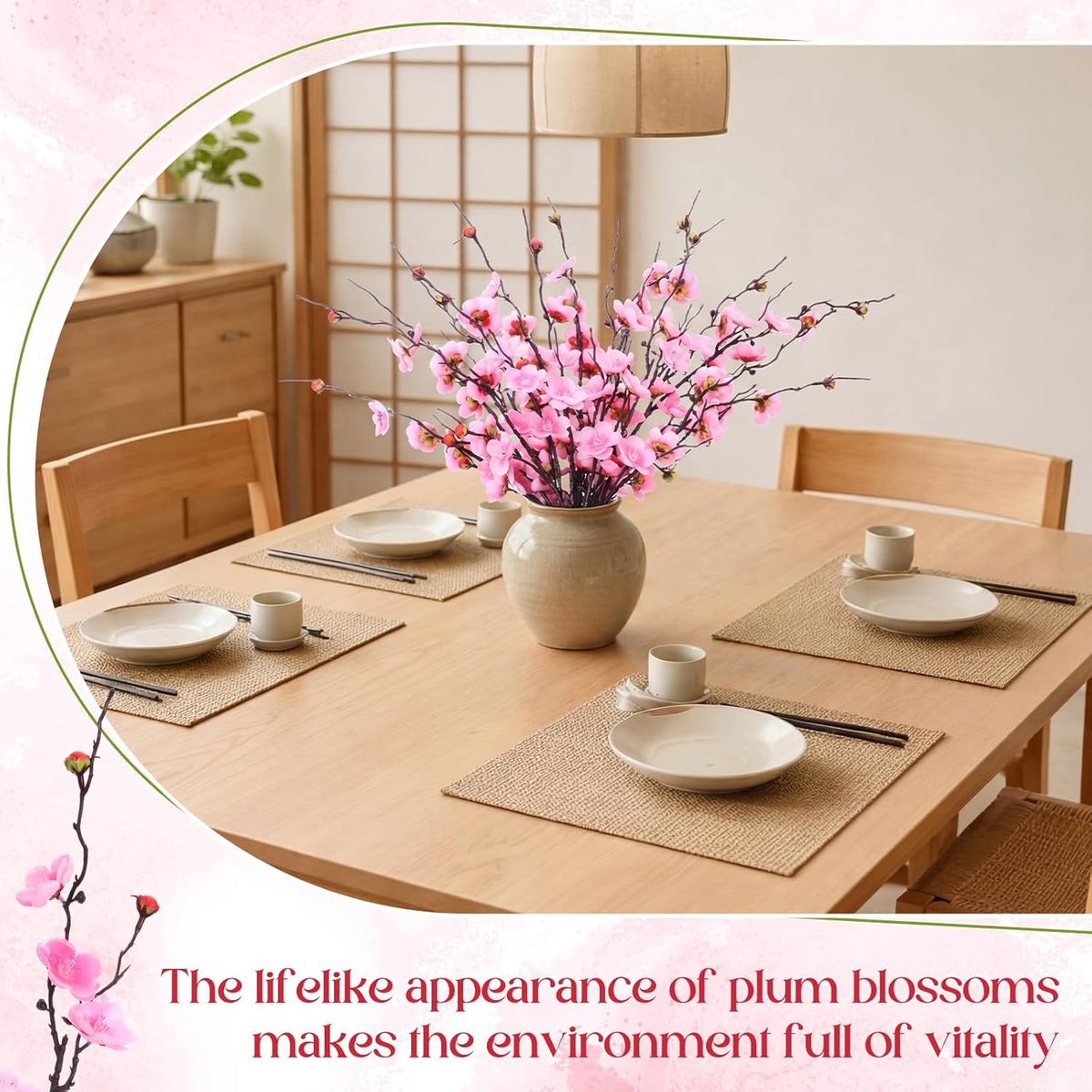 20 Pcs Artificial Cherry Blossom Flowers Pink Faux Cherry Blossom Stems Silk Simulation Plum Bouquet Branches 23.2'' Fake Flowers Long Stems for Vase Arrangements Home Wedding Table Decor