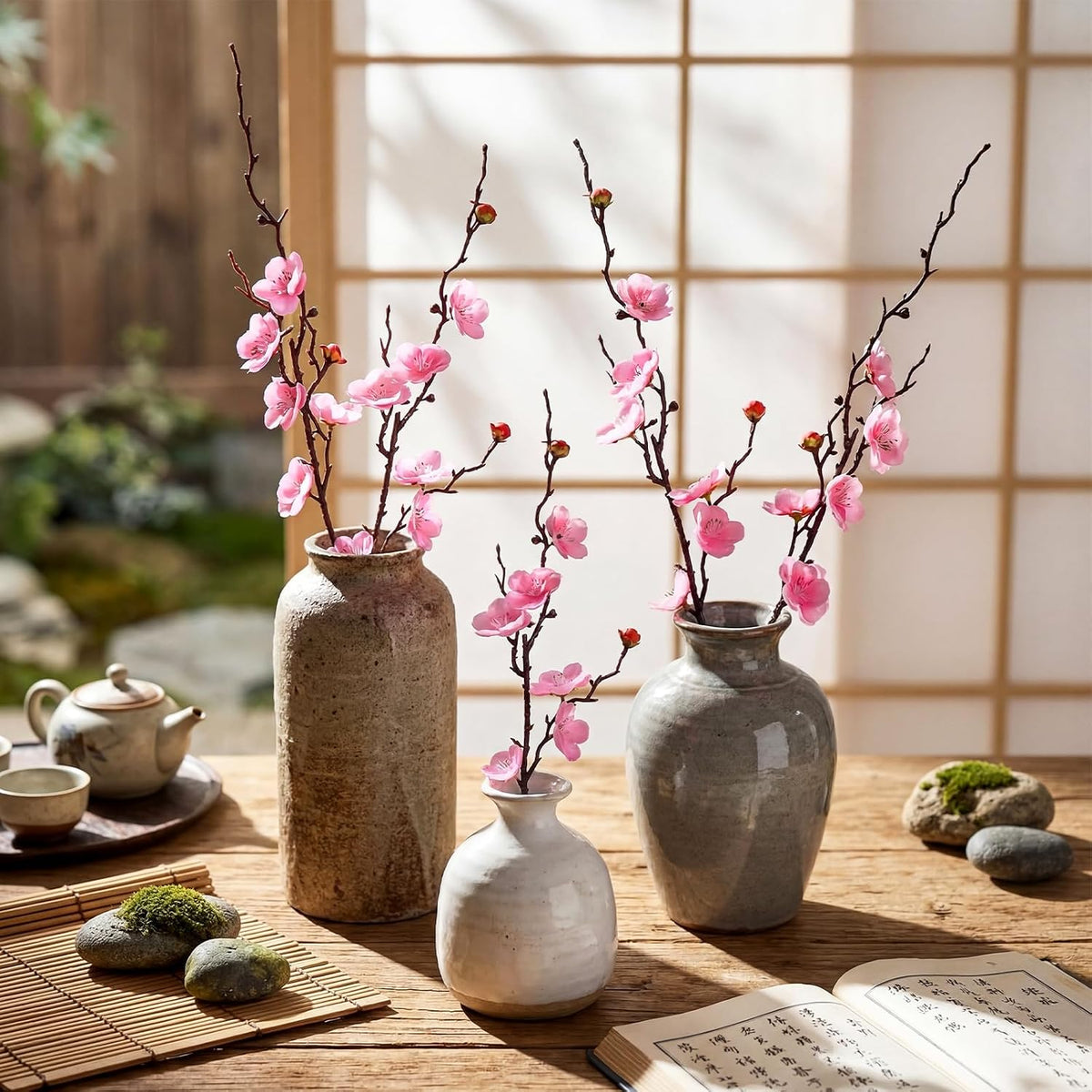 20 Pcs Artificial Cherry Blossom Flowers Pink Faux Cherry Blossom Stems Silk Simulation Plum Bouquet Branches 23.2'' Fake Flowers Long Stems for Vase Arrangements Home Wedding Table Decor