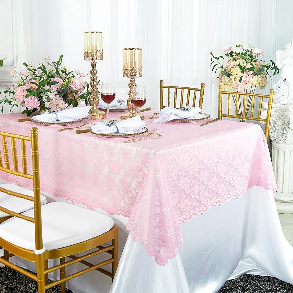 54" x 108" Pink Lace Rectangular Tablecloth for Wedding, Baby Shower, Valentine's Day