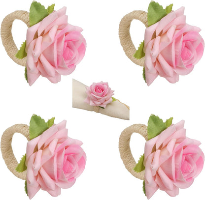 4-Pack White Rose Flower Napkin Rings – Elegant Handcrafted Floral Napkin Holders, Table Décor for Weddings, Christmas, Birthday Parties, and Banquets (Pink, Small)