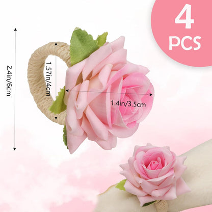 4-Pack White Rose Flower Napkin Rings – Elegant Handcrafted Floral Napkin Holders, Table Décor for Weddings, Christmas, Birthday Parties, and Banquets (Pink, Small)