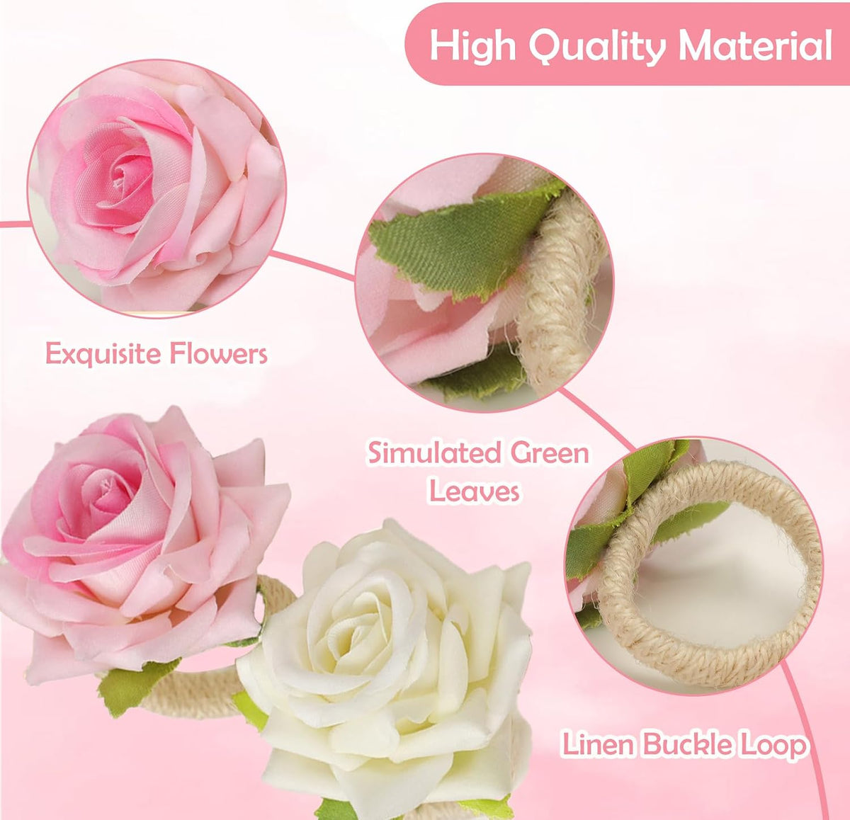 4-Pack White Rose Flower Napkin Rings – Elegant Handcrafted Floral Napkin Holders, Table Décor for Weddings, Christmas, Birthday Parties, and Banquets (Pink, Small)