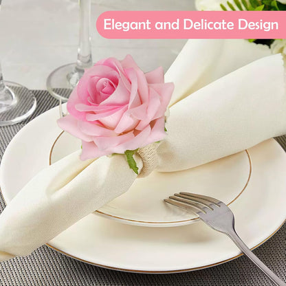 4-Pack White Rose Flower Napkin Rings – Elegant Handcrafted Floral Napkin Holders, Table Décor for Weddings, Christmas, Birthday Parties, and Banquets (Pink, Small)
