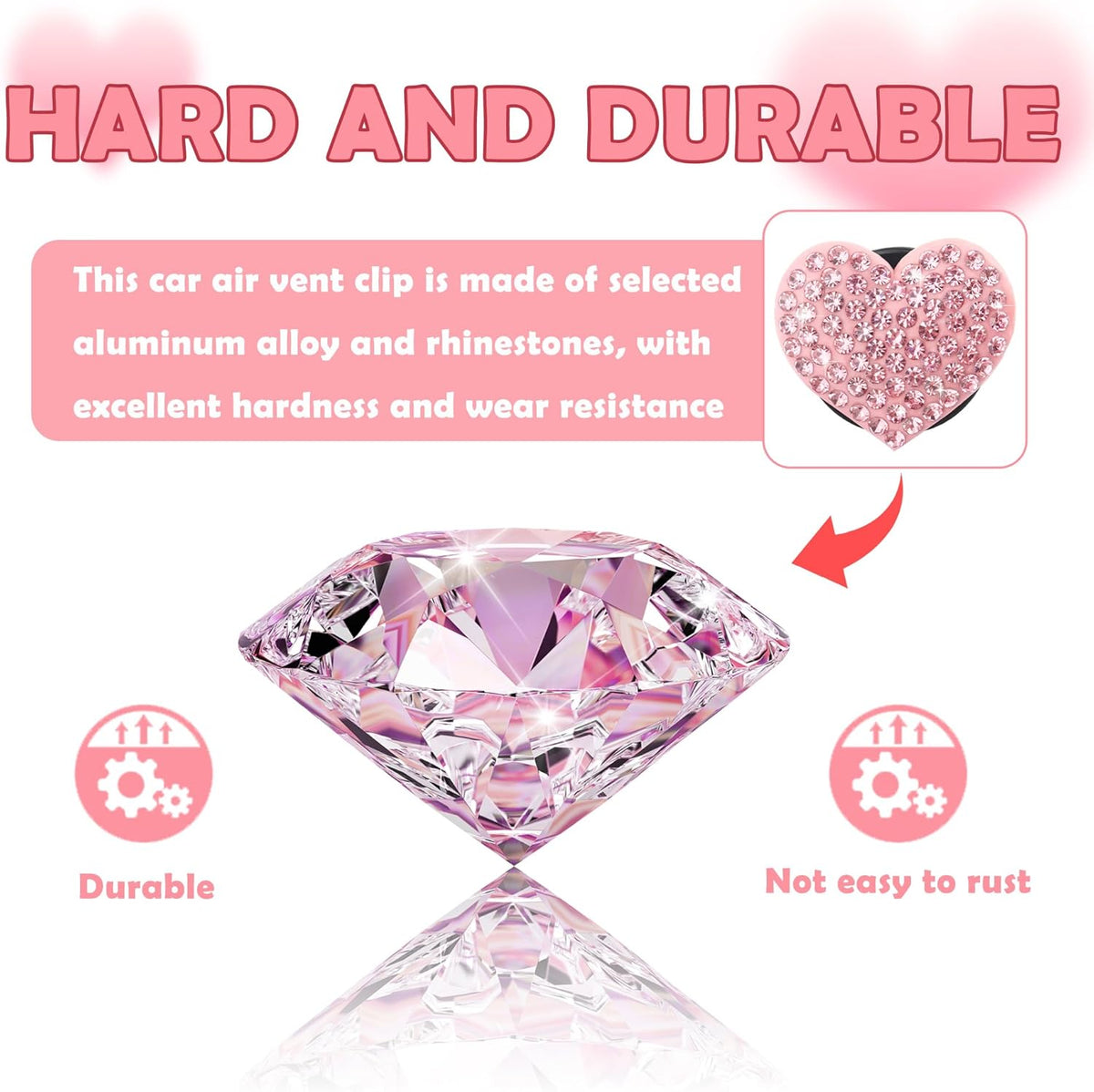 4PCS Heart-Shaped Car Vent Clips with Rhinestone,Bling Air Vent Clips Car Decorations,Premium Shiny Car Clips for Vents CCar Accessories Interior for Cars,Trucks,SUVs (Pink)