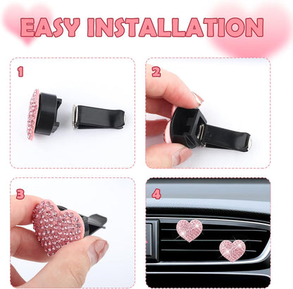 4PCS Heart-Shaped Car Vent Clips with Rhinestone,Bling Air Vent Clips Car Decorations,Premium Shiny Car Clips for Vents CCar Accessories Interior for Cars,Trucks,SUVs (Pink)