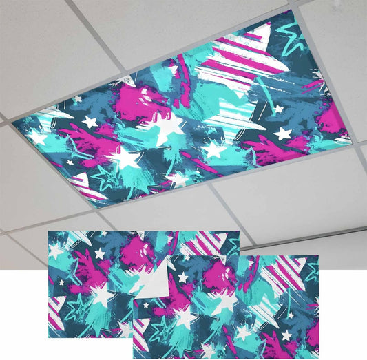 Abstract White Star Fluorescent Light Covers 2 Pack Pink Green Ink Splatter Graffiti Modern Magnetic Fluorescent Ceiling Lights Filters for Office Classroom Home Drop Ceiling 4x2 Feet