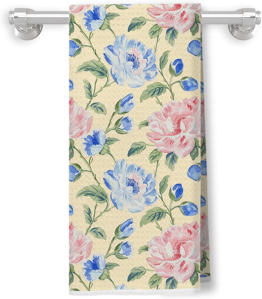 Pastel Grandmillennial Floral Kitchen Towels, Farmhouse Pink and Blue Flower Decorative Dish Hand Tea Towels for Bathroom Kitchen, Grand Millenial Bathroom Decor, 16x24 Inch