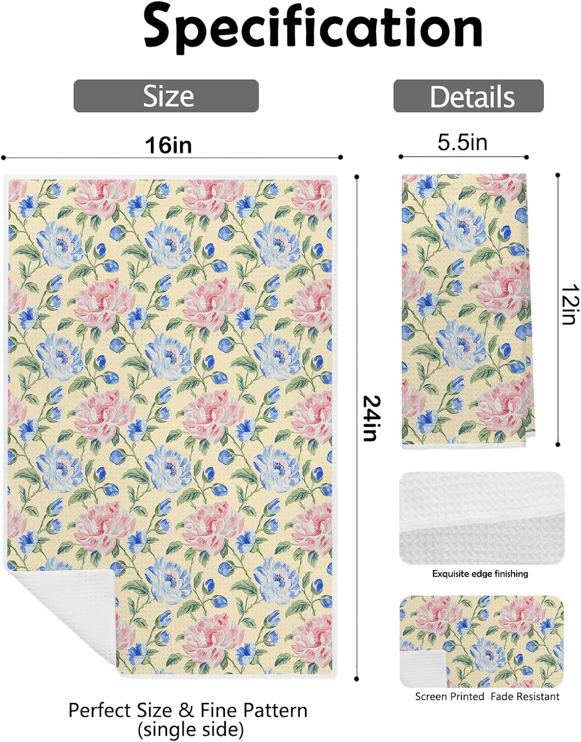Pastel Grandmillennial Floral Kitchen Towels, Farmhouse Pink and Blue Flower Decorative Dish Hand Tea Towels for Bathroom Kitchen, Grand Millenial Bathroom Decor, 16x24 Inch