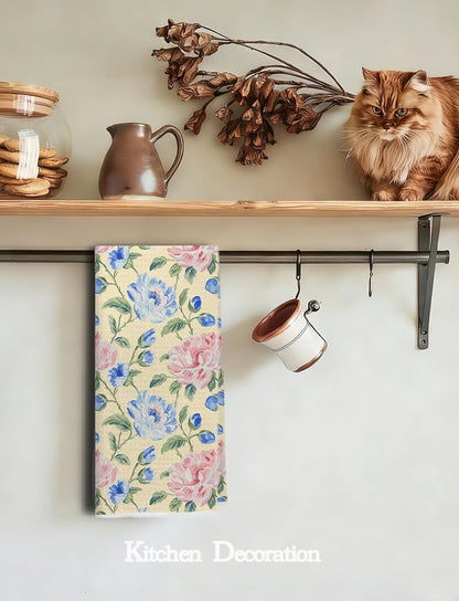 Pastel Grandmillennial Floral Kitchen Towels, Farmhouse Pink and Blue Flower Decorative Dish Hand Tea Towels for Bathroom Kitchen, Grand Millenial Bathroom Decor, 16x24 Inch