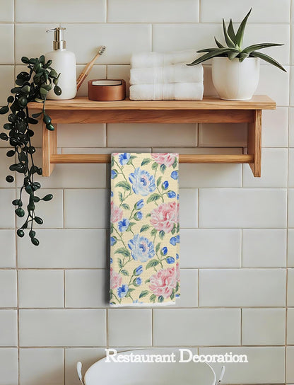 Pastel Grandmillennial Floral Kitchen Towels, Farmhouse Pink and Blue Flower Decorative Dish Hand Tea Towels for Bathroom Kitchen, Grand Millenial Bathroom Decor, 16x24 Inch