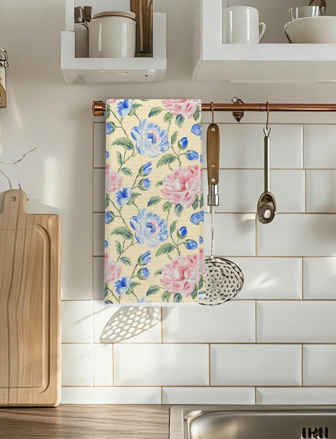 Pastel Grandmillennial Floral Kitchen Towels, Farmhouse Pink and Blue Flower Decorative Dish Hand Tea Towels for Bathroom Kitchen, Grand Millenial Bathroom Decor, 16x24 Inch