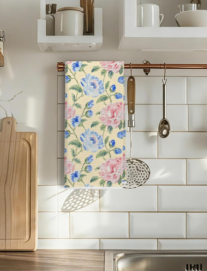 Pastel Grandmillennial Floral Kitchen Towels, Farmhouse Pink and Blue Flower Decorative Dish Hand Tea Towels for Bathroom Kitchen, Grand Millenial Bathroom Decor, 16x24 Inch