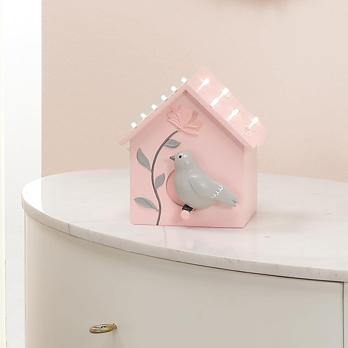 Petals Pink/Gray Birdhouse Table Top Night Light LED Lamp